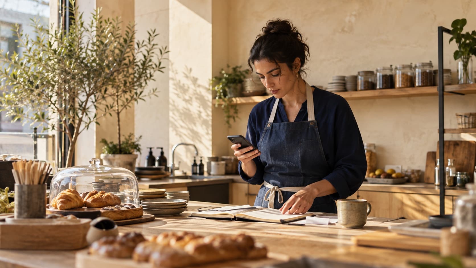A small business owner organising the day in a warm, sunlit workspace.